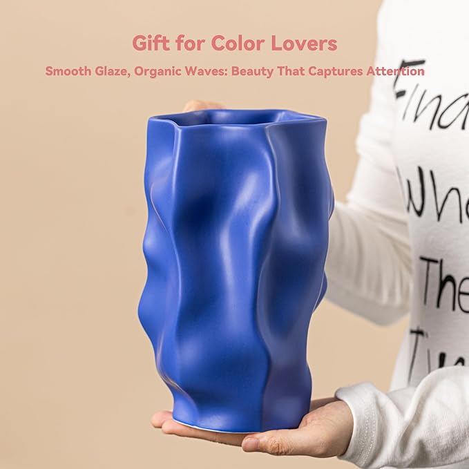 Blue Ceramic Vase for Home Décor – Modern Unique Flower Vase, Decorative Table Centerpiece – Handcrafted Ceramic Vase for Living Room, Office & Gift Ideas (ChifonCyan 8.3 inches)