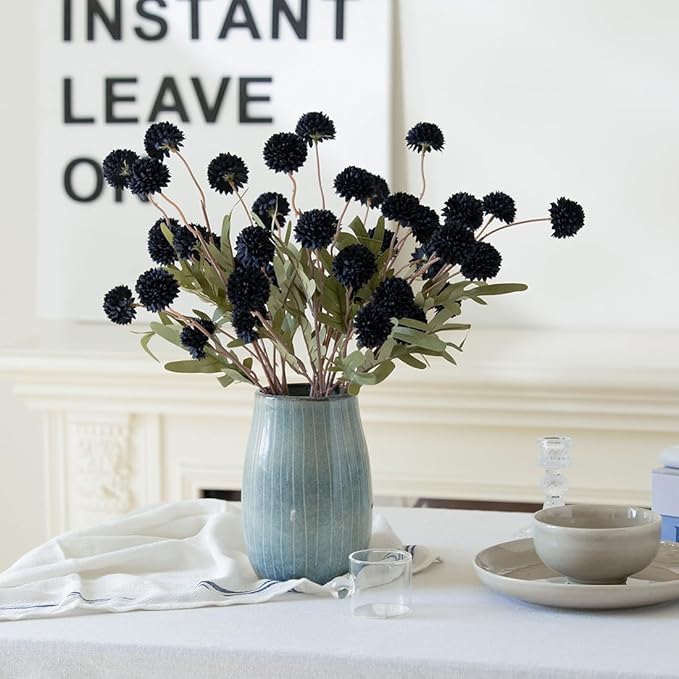 Laelfe Black Kiku Artificial Flower - 5 Pcs Fake Pompon Mums Silk Small Chrysanthemum Faux Ball Fall Flower Stem Decor for Halloween Wedding Filler DIY Bouquet Centerpieces Arrangements Shower(Black)