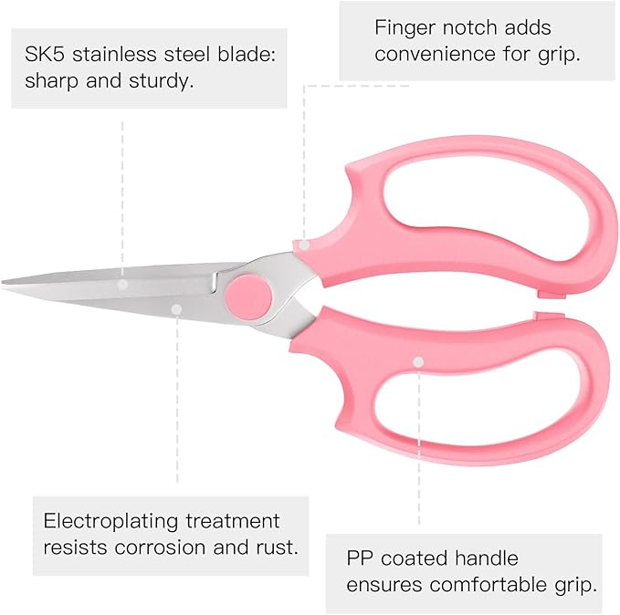 Housolution Flower Scissors, 3 Pack, Strong Floral Shears, Premium Steel Pointed Garden Pruning Shears Floral Fruits Leaf Scissors Hand Pruner Snip Trimming Tool for Gardening Flower Arrangement, Pink