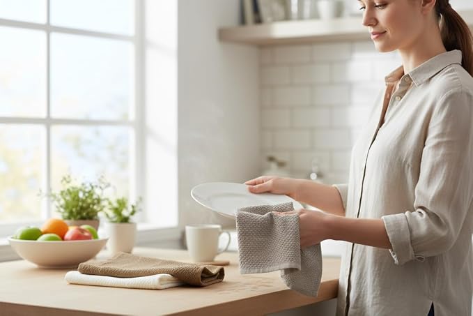 Beige White Brown Taupe Kitchen Hand Dish Towels: Oversized 28" x 18",100% Cotton Cloth Soft Cleaning Drying Absorbent Textured Design, Set of 3 Multipurpose for Everyday Use (Neutral Collection)