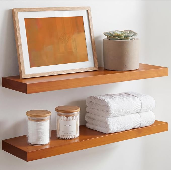 Homeforia 24inch Oak Floating Shelf for Wall, High End Solid Real Wood 24 inches Long Floating Shelves for Bathroom, Honey Oak Wooden Floating Shelves, Heavy Duty Bracket, 24 X 6.5 X 1.75 in, Set of 4