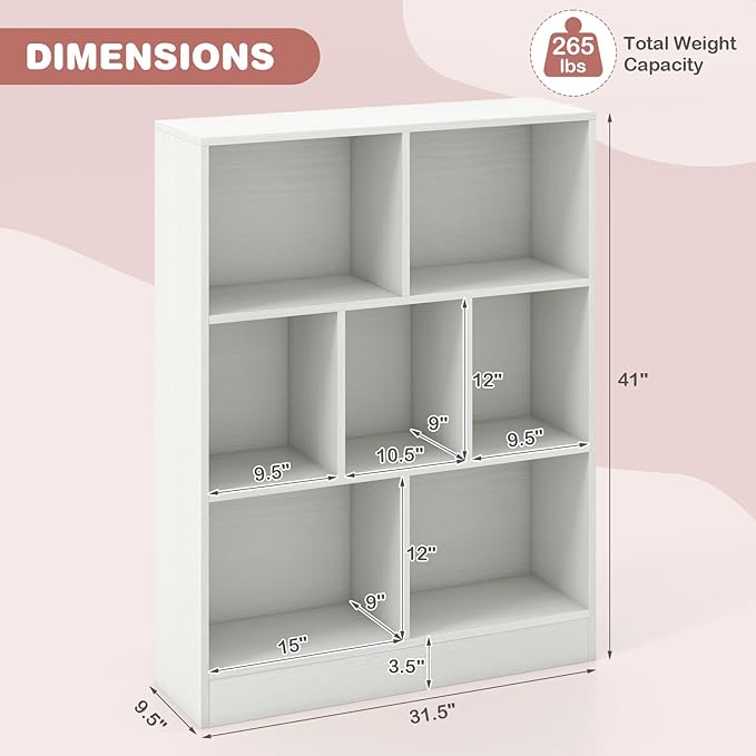 HONEY JOY Kids Toy Storage Organizer, 7-Section Wooden Floor Storage Cabinet, 41” Daycare Toy Chest, 3-Tier Kids Display Bookshelf for Classroom, Playroom & Nursery, Kindergarten (White)
