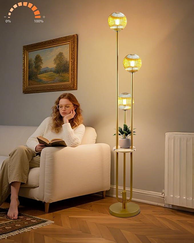 Globe Glass Floor Lamp with Table, Gold Tall Standing Lamps Dimmable, 3000K Warmwhite Mid Century Modern Floor Lamp with 5Lbs Heavy Base for Living Room/Bedroom