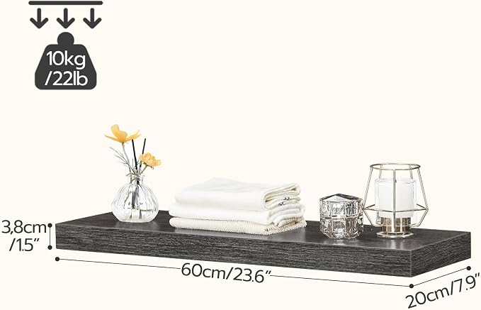HOOBRO Floating Shelves for Wall, Wall Mounted Shelf Set of 2, 23.6" Hanging Shelf with Invisible Brackets, for Wall Decor Storage in Bathroom Bedroom Kitchen Livingroom Office, Charcoal Gray BC60BJ01