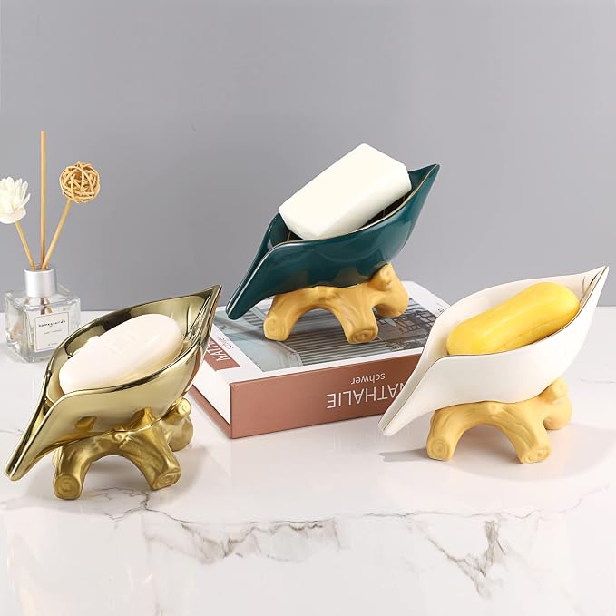 JUXYES Ceramic Soap Dish Holder Self Draining, Unique Waterfall Soap Dish Leaf Shape Decorative Soap Dish Tray Tabletop Drainable Soap Saver Bathtub Waterfall Soap Dish Holder for Bathroom Shower