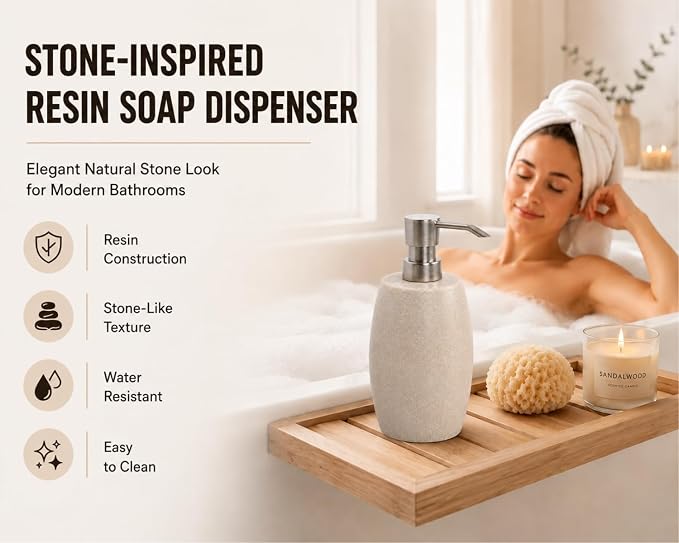 Clasin Home Sandstone Textured Resin Soap Dispenser with Metallic Pump and Waterproof Bottle Labels for Bathroom Kitchen Dish Hand Wash Shower Lotion Shampoo, 12 Oz, 2 Sets Beige