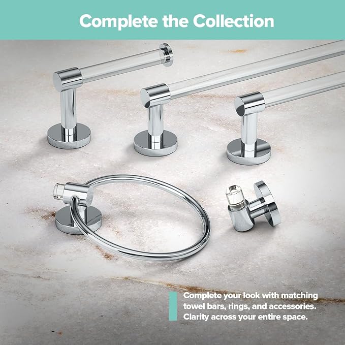 Gatco 5711 Clarion Towel Bar | 18" L Bathroom Towel Rack| Wall Mount Bathroom Towel Holder | Crystal-Clear Acrylic & Chrome Finish