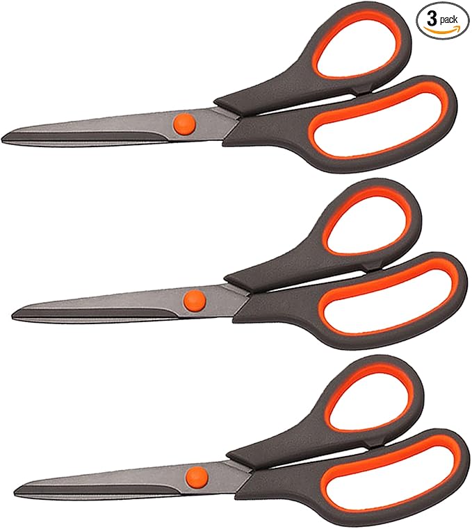 Scissors, Rkqoa 8" All Purpose Titanium Scissor Set of 3 Pack - 2.5mm Thick Sharp Scissors Bulk for Office School Sewing Craft Supplies, Classroom Must have, Teacher/Class Shears, Right/Left Handles