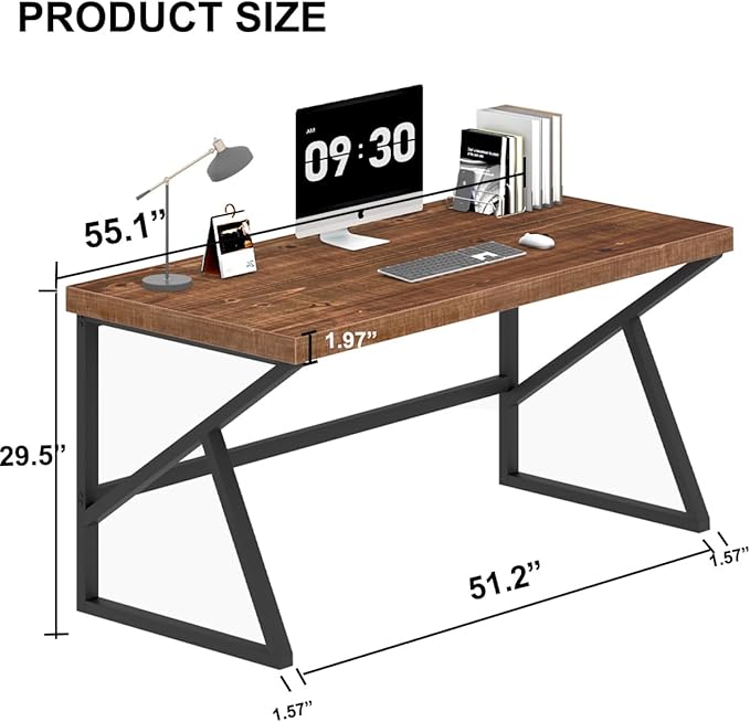 IBF Solid Real Wood Desk, Minimalist 47” Natural Wood Computer Desk, Rustic Desk for Home Office Writing Study, Vintage Industrial Wooden PC Gaming Workstation Computer Table, Brown, 47 Inch
