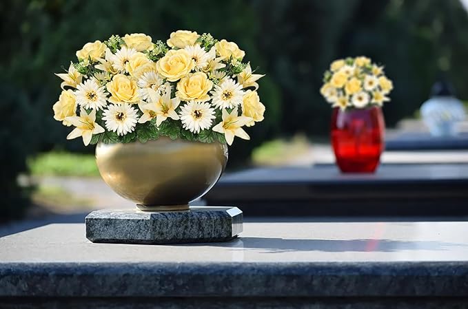 Hollyone Set of 2 Artificial Cemetery Flowers for Grave Yellow Cemetery Memorial Flowers for Cemetery Outdoor Grave Decorations Silk Flower Arrangements Rose Lily Gerbera Floral Flowers Bouquets