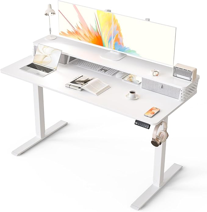 Electric Standing Desk with 2 Drawers 55''x 24'' Adjustable Height Sit to Stand Up Desk with Storage Shelf, C-Clamp Mount Compatible White Home Office Desks Computer Gaming Table Ergonomic Workstation