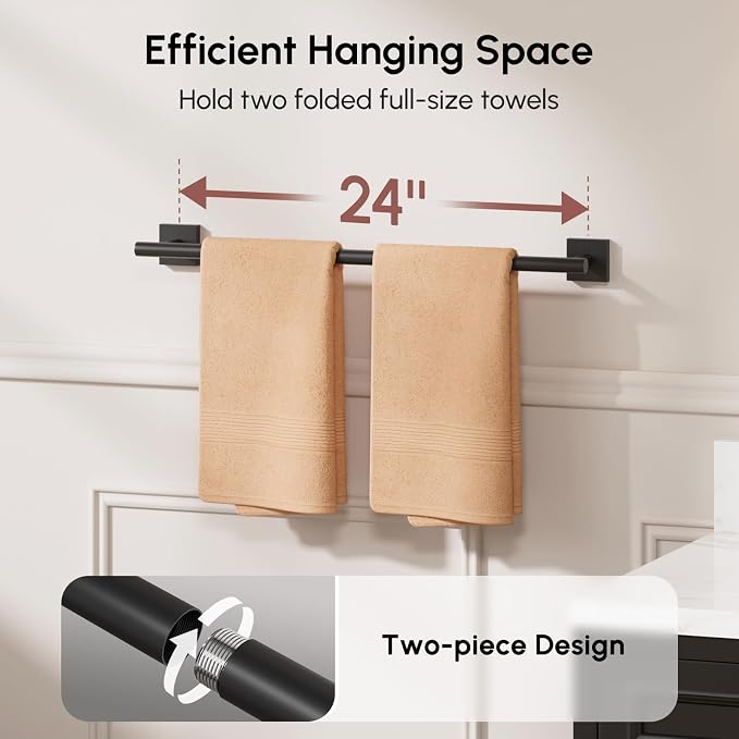 USHOWER Matte Black Towel Bar, 24 Inch Towel Racks for Bathroom Wall Mounted, 304 Stainless Steel Towel Holder with Square Base, Modern Home Decor (Total Length 26 Inch)
