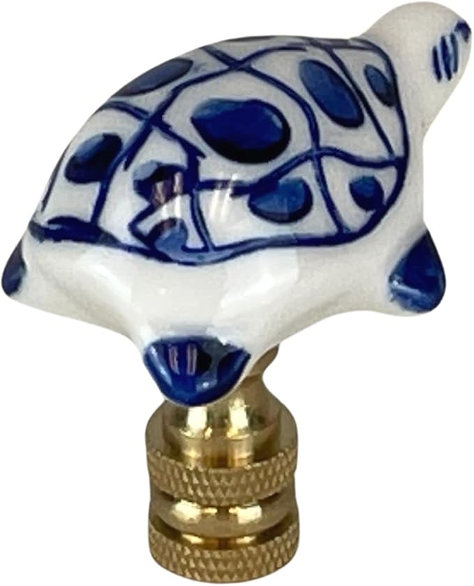 Royal Designs, Inc. Blue & White Porcelain Turtle Finial for Lamp Shade, Polished Brass