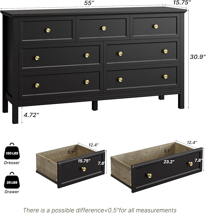 Black Dresser for Bedroom with Gold Handle Modern 7 Drawer Dresser, Wood Chest of Drawer Closet Clothes Storage Organizer for Living Room, Hallway, TV Stand, 55 Inch