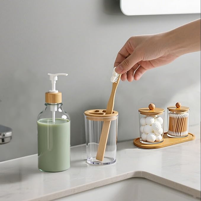 5 Pack Bamboo Bathroom Accessories Set with Tray - Plastic Soap Dispenser Clear Toothbrush Holder and 2 Qtip Holder Cotton Ball Container Jar