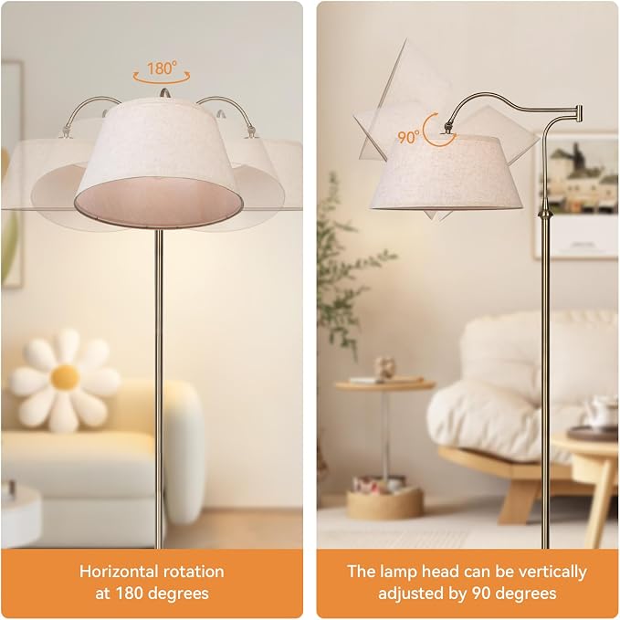 HonoDing Swing Arm Floor Lamp, Arc Floor Lamps with 180° Adjustable Cantilever for Living Room, Mid Century Standing Lamp with Linen Shade, Tall Lamps for Bedroom Living Room Office (Antique Brass)