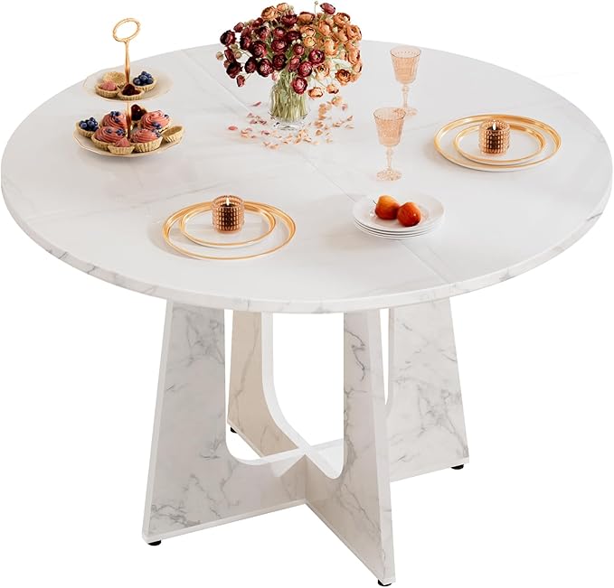 47" Round Dining Table for 4-6, Farmhouse Wood Kitchen Table, Mid-Century Wooden Circle Dinner Room Table Easy Assembly for Dining Room, Kitchen, Living Room (Faux Marble)