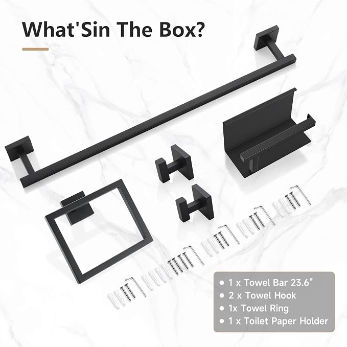 TQKAG 5-Pieces Matte Black Bathroom Hardware Accessories Set 23.6" SUS304 Stainless Steel Towel Bar Set Wall Mounted Square Toilet Paper Holder with Shelf