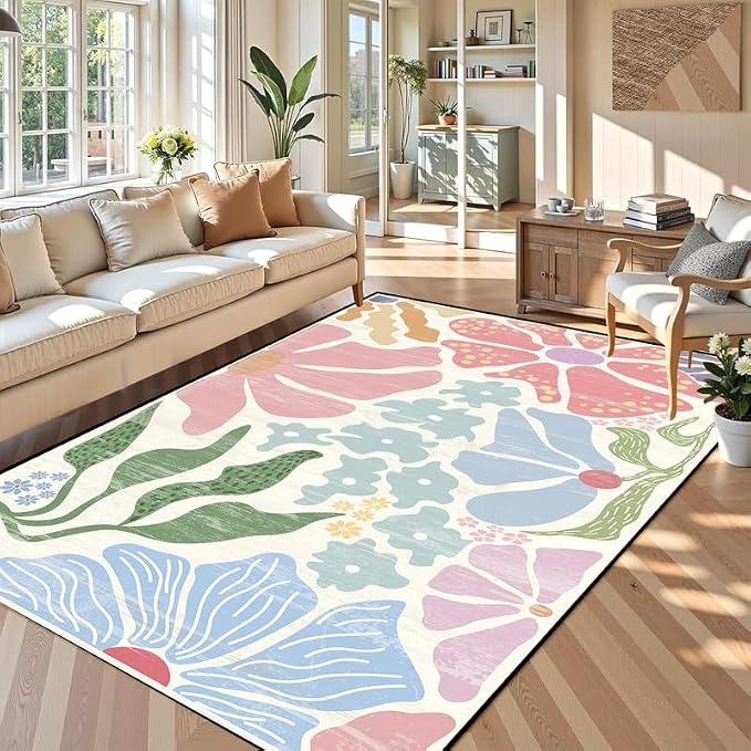 Floral Area Rug Modern Abstract Rug Pastel Flower Print Carpet Colorful Bohemian Plant Rugs for Bedroom Living Room Nursery Kitchen Playroom Home Decor,6'x9'