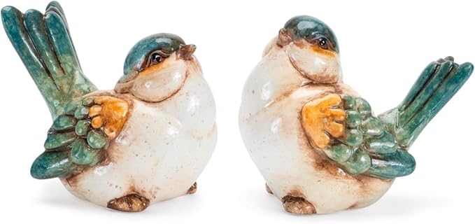 The Bridge Collection Set of 2 Decorative Bird Figurines - Rustic Farmhouse Style Songbird Statues - Vintage Inspired Home Accents