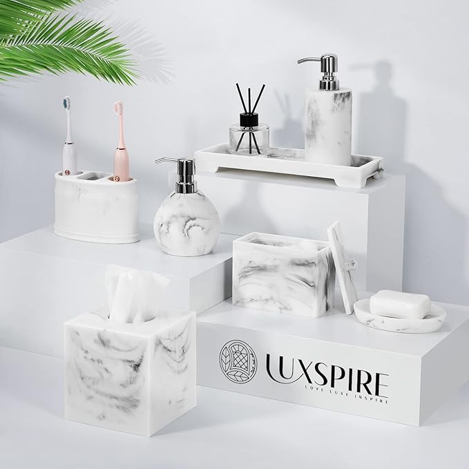 Luxspire Soap Dispenser, Cylinder-Shaped Marble Lotion Liquid Soap Pump Bottles, Refillable Shampoo Container, Decorative Hand Soap Resin Jar for Bathroom, Kitchen - White Marble