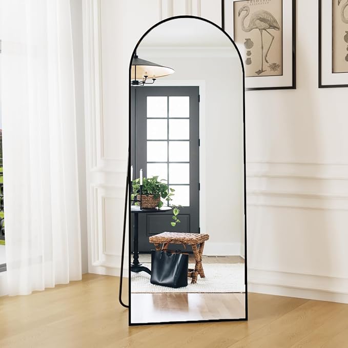 Dewfig Arched Full Length Mirror, 64"x21" Large Floor Mirrors with Stand, Full Body Mirror for Leaning Hanging, Standing Mirrors for Bedroom, Living Room,Dressing Room, Aluminum Alloy Frame, Black