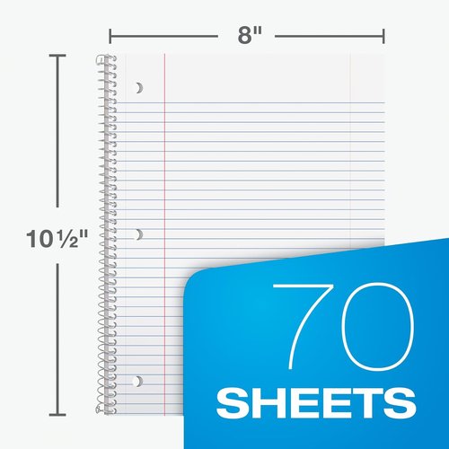 Oxford Spiral Notebook - 1 Subject College Ruled - Pastel Colors, 70 Sheets, Set of 6 | 8 x 10.5 Inch