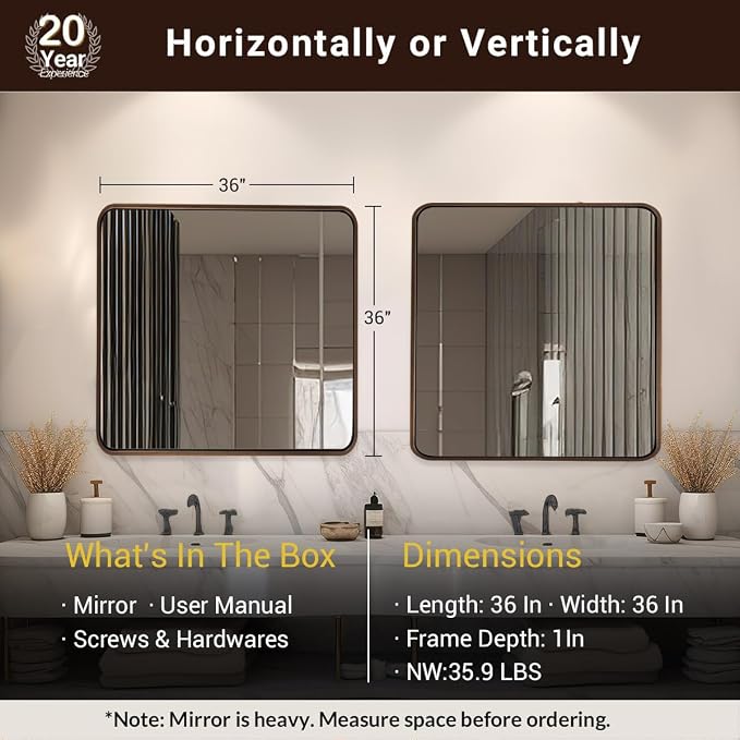 ANDY STAR 36x36 Inch Bronze Bathroom Mirror, Rounded Square Oil Rubbed Bronze Mirrors for Bathroom,Tube Metal Framed, 1’’ Deep Wall Mounted Vertically/Horizontal