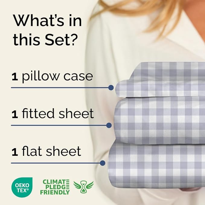 Grey Gingham Sheets - 1 Flat & 1 Fitted Sheet & 1 Pillowcase w/ Deep Pockets - Grid, Plaid, Checkered Pattern Bed Set - Wrinkle & Fade Resistant - Ultra-Soft, Breathable and Cooling - Twin Size