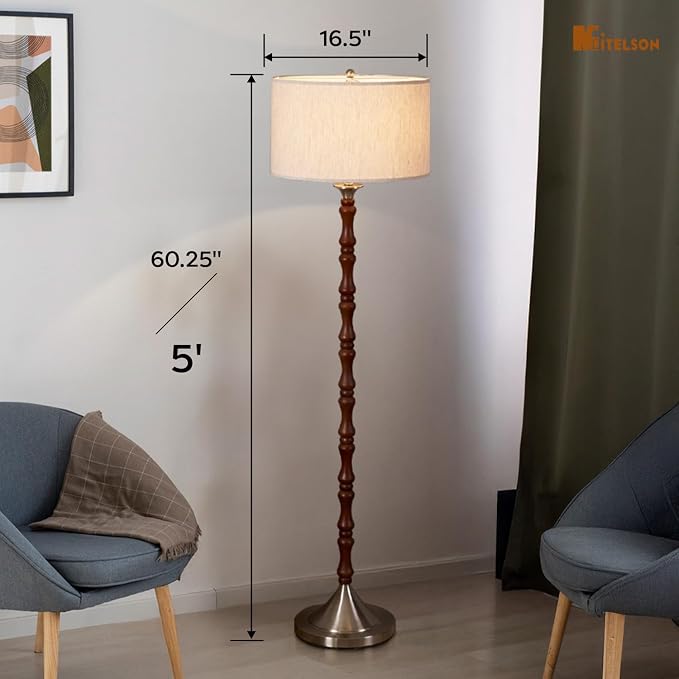 Mid Century Floor Lamp with Linen Drum Shade - Dimmable Tall Standing Lamp, Rustic Wooden Retro Lamp for Living Room Bedroom Office Corner, Walnut Brown, Adjustable Stepless Dimming