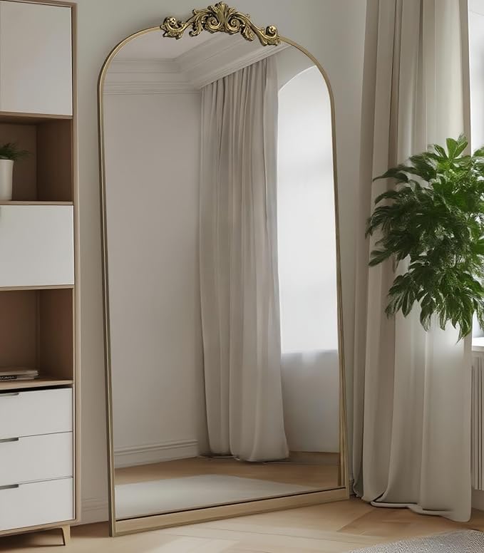 Dewfig Arched Full Length Mirror, 71"x32" Full Body Mirrors with Carved, Floor Mirror for HomeDecor, Standing/Halling Large Wall Mirror for Bedroom, Living Room, Cloakroom, Bronze, Retro Style