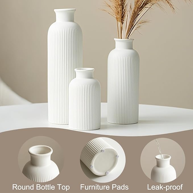 Modern Ceramic Vase Set, White Ribbed Matte Design, 3-Piece Decorative Vases for Home, Living Room, Office (White)