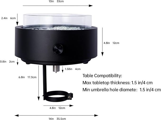 14-Inch Round Propane Fire Pit, 10000 BTU Portable Tabletop Fireplace with Glass Stones, Umbrella Hole Compatible for Outdoor Patio Tables & Camping, Black