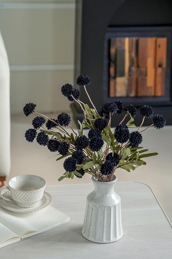 Laelfe Black Kiku Artificial Flower - 5 Pcs Fake Pompon Mums Silk Small Chrysanthemum Faux Ball Fall Flower Stem Decor for Halloween Wedding Filler DIY Bouquet Centerpieces Arrangements Shower(Black)