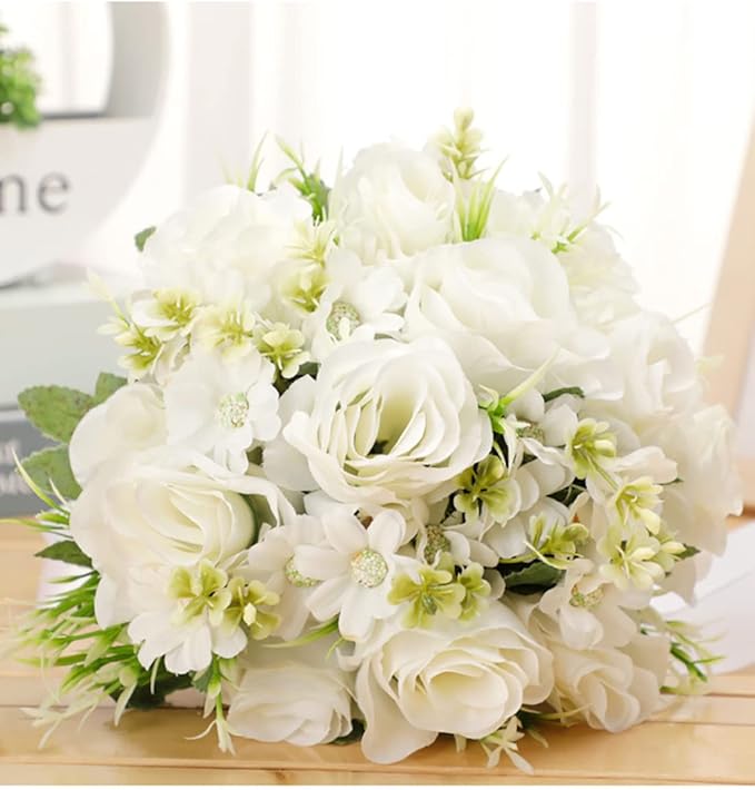 CYANLUX Wedding Bouquets for Bride Bridesmaid Bouquet Champagne White Artificial Roses Flowers for Wedding Valentine's Day Church Home Decoration (White)…