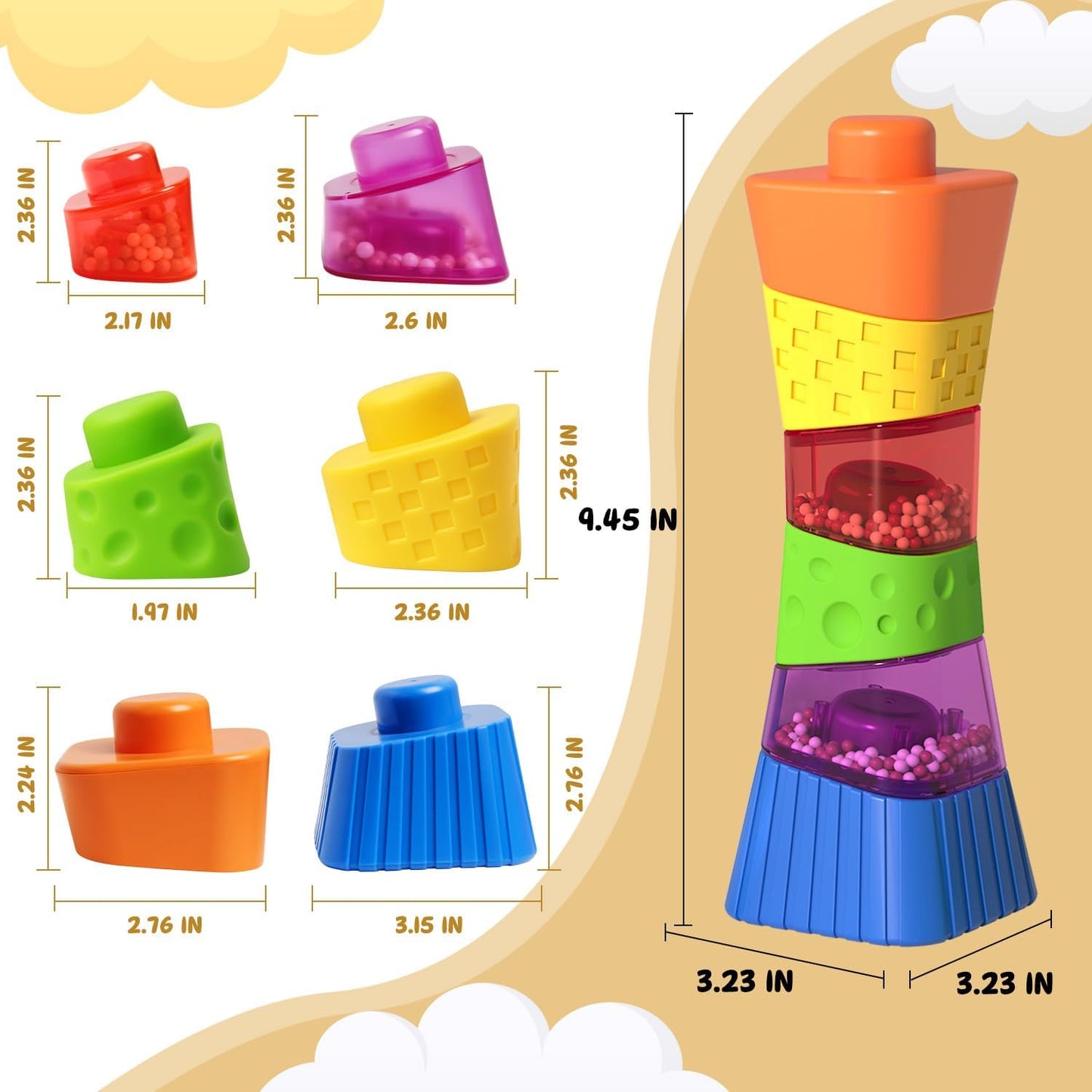 Skiennix Irregular Maracas Stacking Blocks - Montessori Educational Sensory Toy for Kids, 6 PCS Set