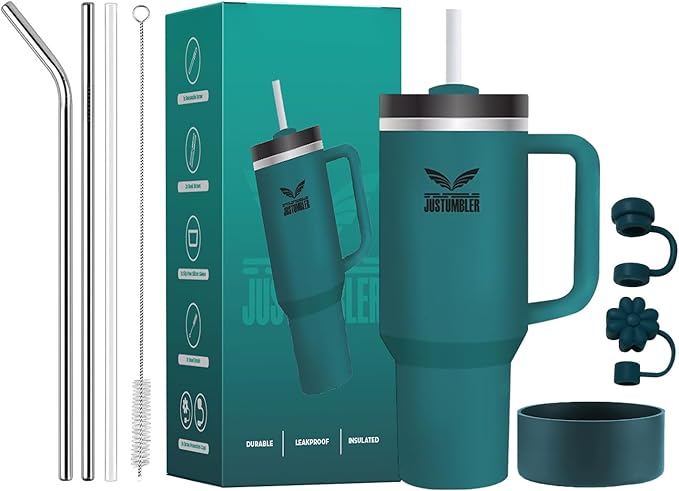 40 Oz Insulated Tumbler with Handle and Straw, Stainless Steel Coffee Travel Mug with Lid, Leak Proof Water Bottle with Accessories, Blue Spruce