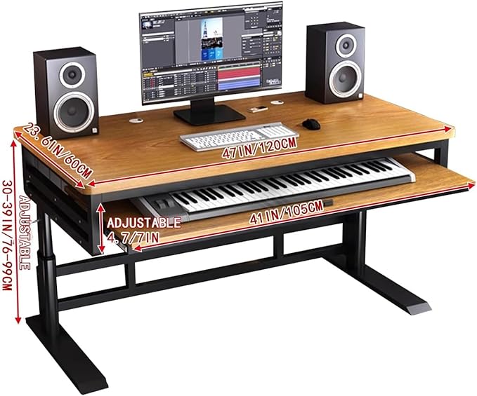 Studio Desk with Keyboard Tray | Hand-Crank Adjustable Standing Desk Workstation for Music Production, Cable Management, MIDI Keyboard Shelf (Black, 62in)