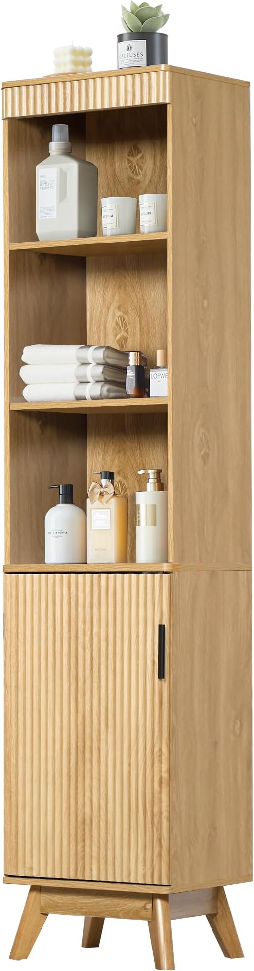 Bifins 68" Tall Bathroom Storage Cabinet,Narrow Fluted Tower Cabinet with Door and Shelves,Slim Space Saving Storage Unit for Bathroom Kitchen Living Room (Natural, 11.8" D x 15.75" W x 68" H)