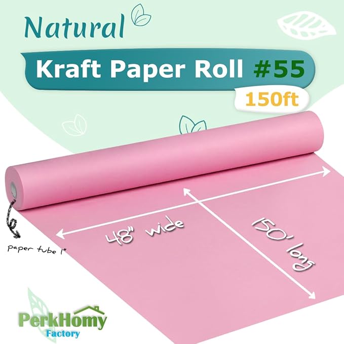 PerkHomy Light Pink Kraft Paper Roll 48" x 1,800" (150') for Gift Wrapping Bouquet Flower Art Painting Craft Writing Packaging Shipping 80GSM 55LB (Light Pink, 48" x 150')