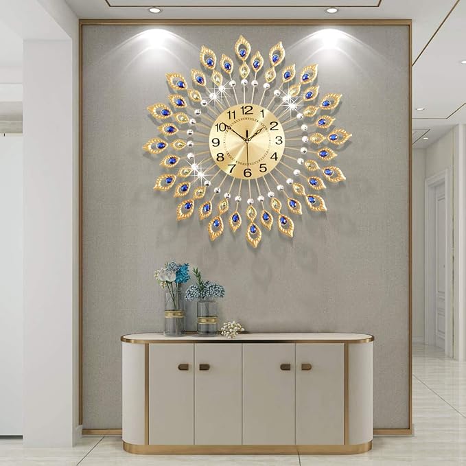 Large Modern Wall Clock for Living Room Decor, 24 Inch Big Decorative Crystal Peacock Wall Clock Battery Operated Non Ticking for Kitchen Bedroom, Gold Metal Silent Wall Clocks for Home