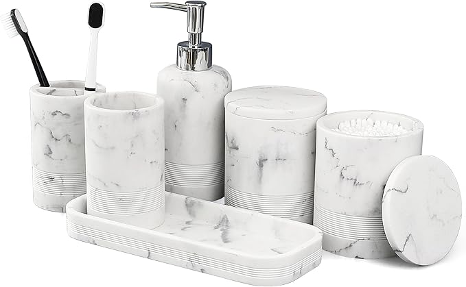 LIN CHUAN 6-Piece Bathroom Accessories Set, Organizer Set with Soap Dispenser, Toothbrush Holder Set, Vanity Tray, Tumbler & 2 Cotton Swab Jars – Modern Stylish Bathroom Storage(Marble White)