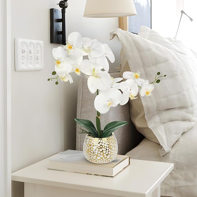 Briful Orchid Artificial Flowers 17.7in White Orchid Silk Flower with Gold Pot Faux Orchid Arrangement for Home Office Bathroom Kitchen Shelf Table Centerpiece Decoration