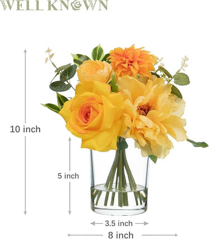 WELL KNOWN Artificial Flowers in Glass Vase with Fake Water, Silk Peony Rose Flower Bouquet for Home Dinning Tea Table, Office Desktop, Hotel, Wedding, Party, Lavatory Decor & Gift (Yellow & Orange)