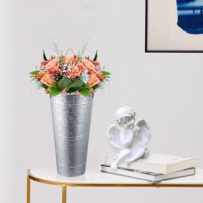 6 Pack Galvanized Metal Vases 9 Inch Flower Buckets Bulk Farmhouse French Flowers Bucket Metal Vase Decor for Home Decor and Wedding Table Centerpiece Decorations (Silver)