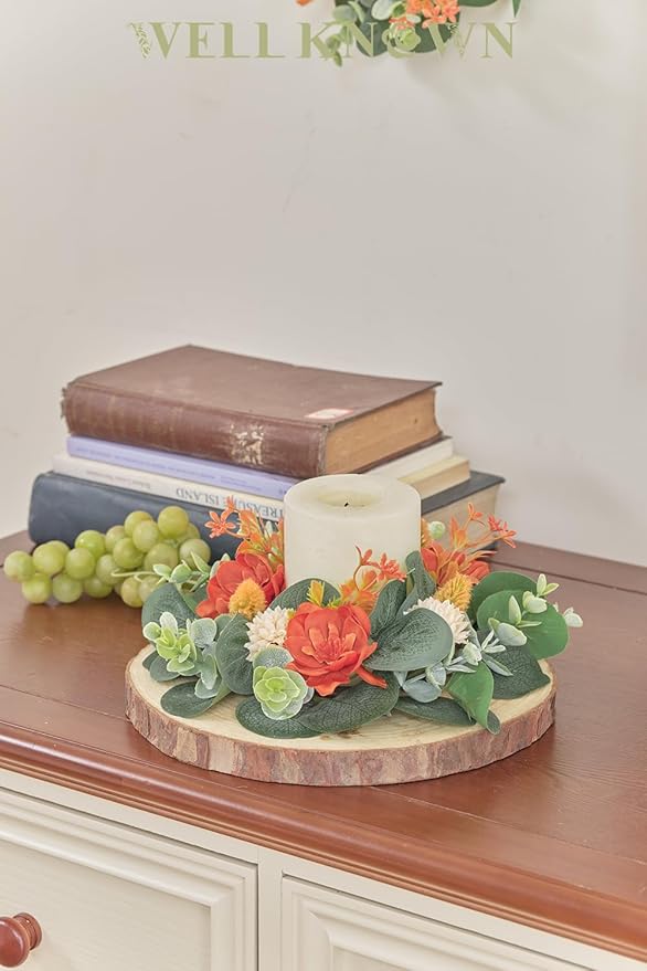 2 Pcs Mini Fall Orange Floral Candle Rings Wreaths for Pillars Home Table Window Decor, 9 Inches Artificial Flower Cabinet Wreath for Autumn Kitchen Farmhouse Wedding Party (Orange Delphinium)