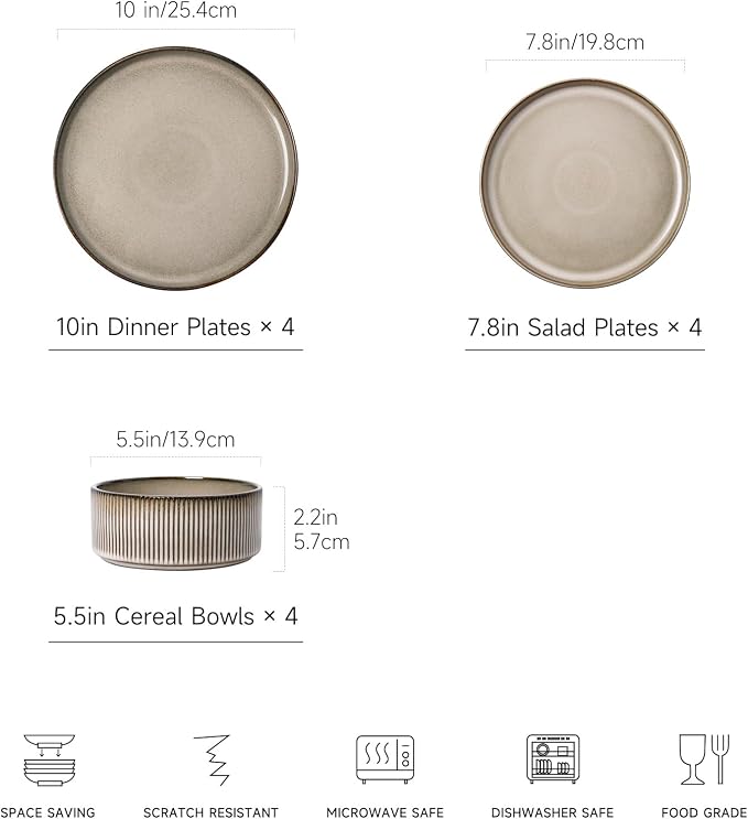 MONITO Ceramic Dinnerware Sets for 4, 12PCS Stoneware Plates and Bowls Sets, Reactive Glaze Dish Set, Chip and Scratch Resistant Double, Microwave and Dishwasher Safe, Brown