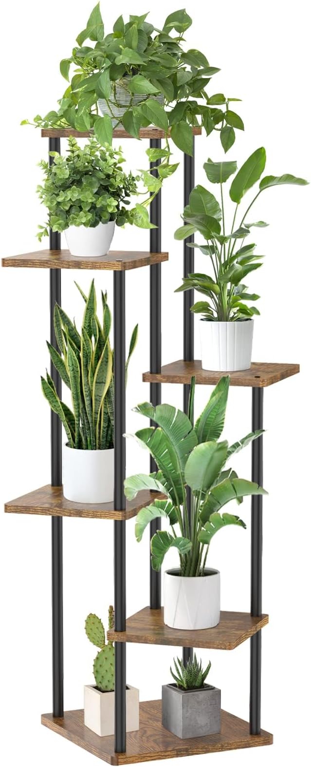 Oppro 6 Tier Tall Plant Stand Indoor Outdoor, Large Wood Metal Planter Shelf Holder for Narrow Corner, Sturdy Vertical Multiple Flower Orchid Pot Decorative Rack for House Living Room Bedroom Office, Rustic Black