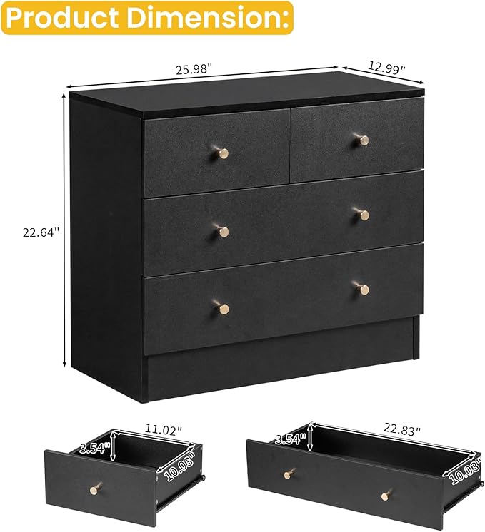Karl home Black 4 Drawer Dresser for Bedroom, Modern Wood Dresser Chest of Drawers, Bedroom Dressers Nightstand, Anti-Tipping Device, Rose Gold Metal Handle, Living Room, Hallway, Office