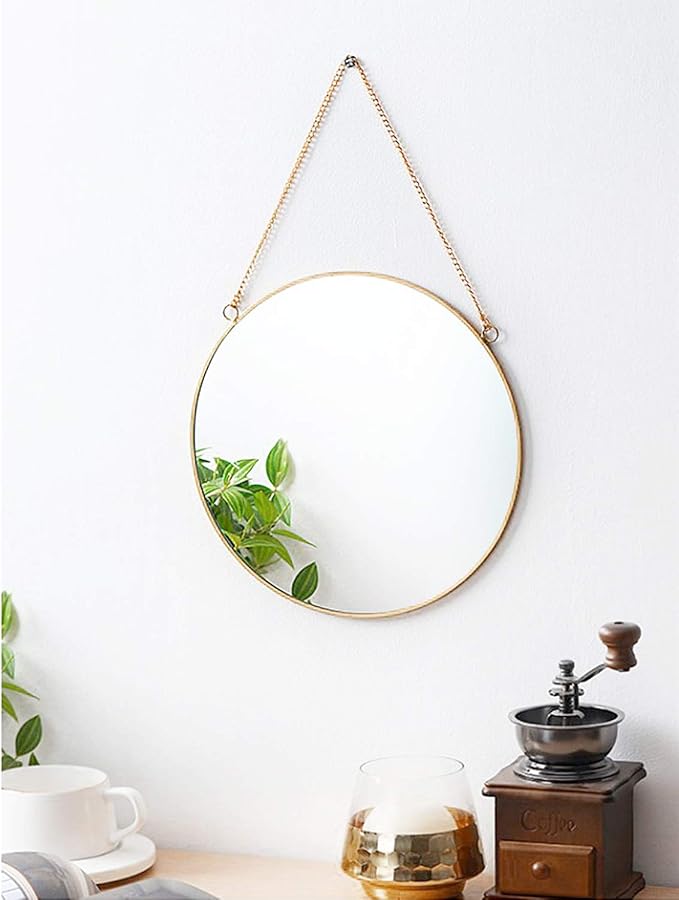 Dahey 11.8-inch Small Hanging Circle Mirror Wall Decor Gold Round Mirror with Hanging Chain for Office Bathroom Bedroom Living Room Dorm College, Gold